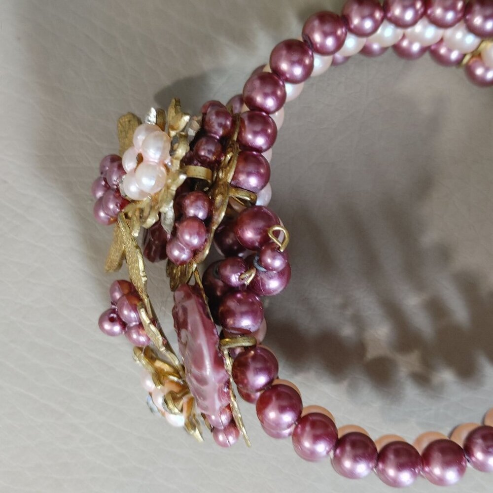 Cuff Beaded Bracelet Vintage Pink Gold Floral Beaded Rhinestones Faux Pearl - Picture 6 of 16